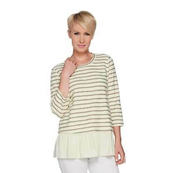 LOGO Lori Goldstein Womens Striped Boucle Gauze Hem 3/4 Sleeve Blouse Size Small - Picture 1 of 8